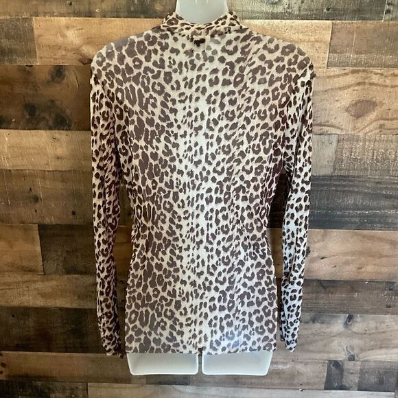 Willow + Root Blouse Sheer Animal Print Tan Brown Raw Edge Hem Cuff Junior Large - Picture 9 of 10